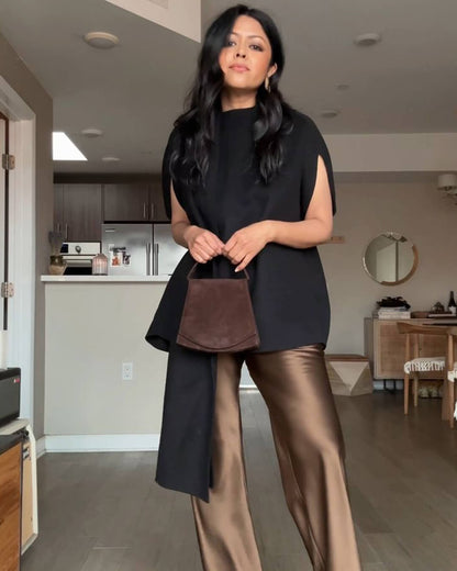 OLANE Elastic Waistband Wide Leg Satin Trousers BrownSWomen's Bottoms
