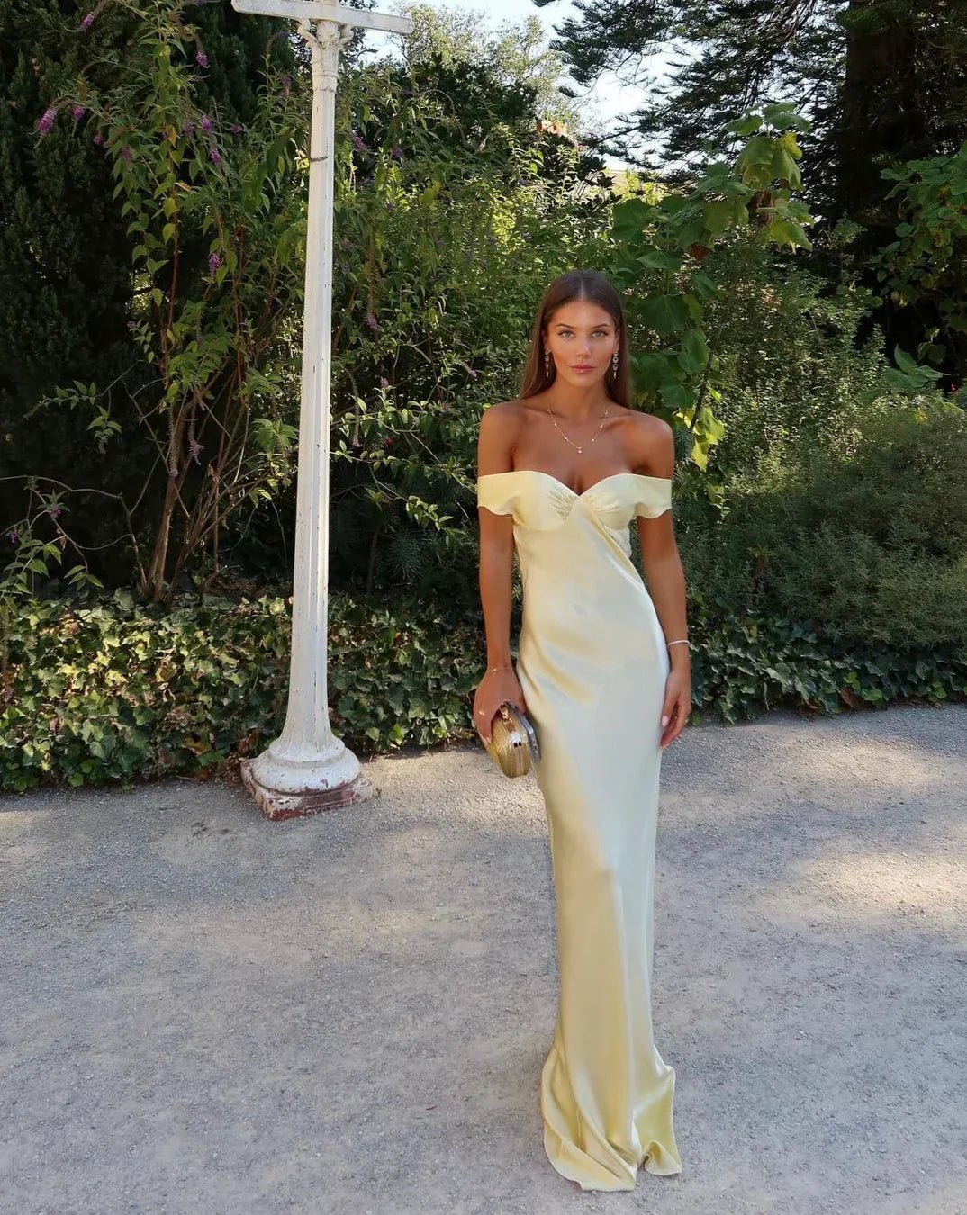 OLANE Elegant Backless Satin Maxi Dress LWomen's Dresses