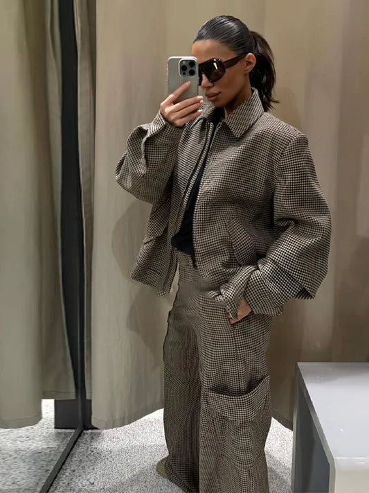 OLANE Elegant Houndstooth Padded Suit Set JacketXSSuit