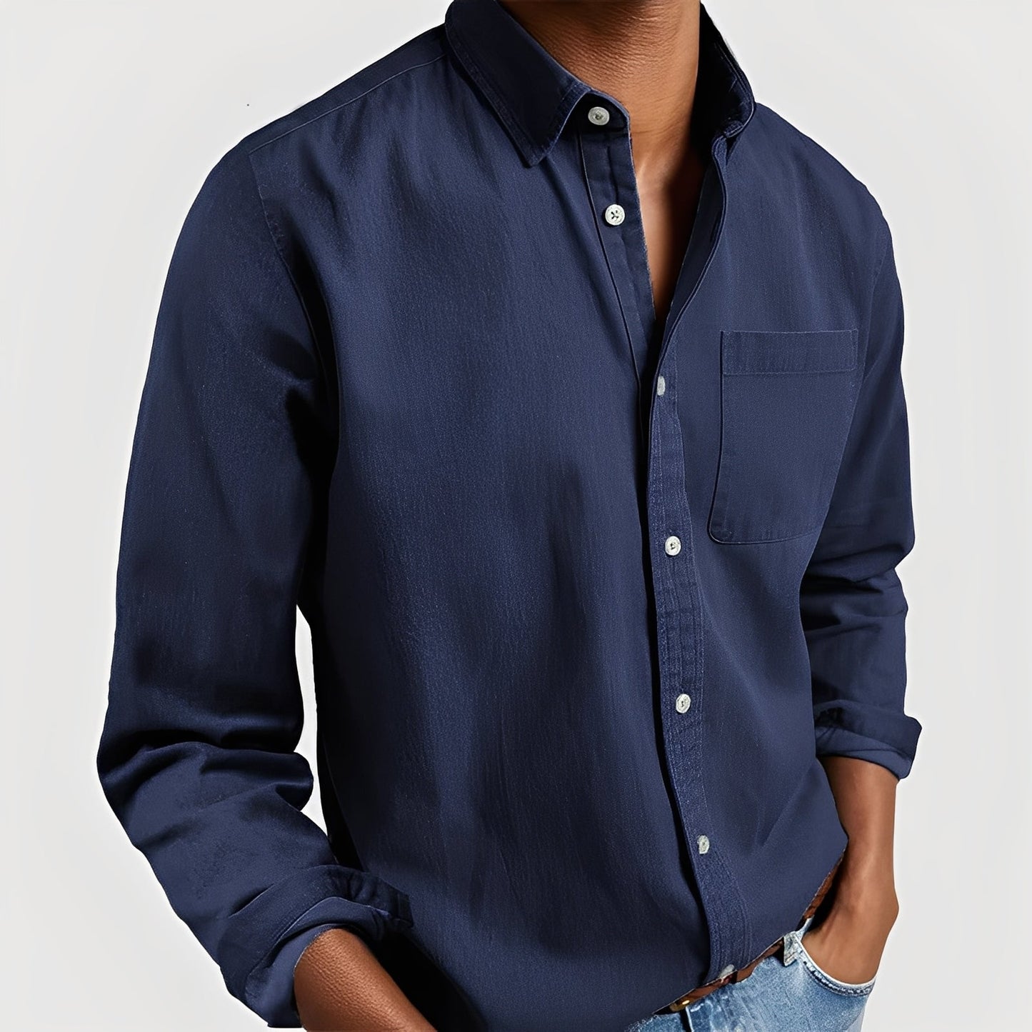 OLANE Elegant Long - Sleeve Button - Up Shirt Dark BlueSMen's Tops