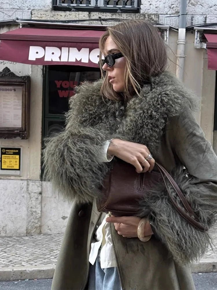 OLANE Elegant Patchwork Faux Fur Collar Coat SWomen's Coats & Jackets