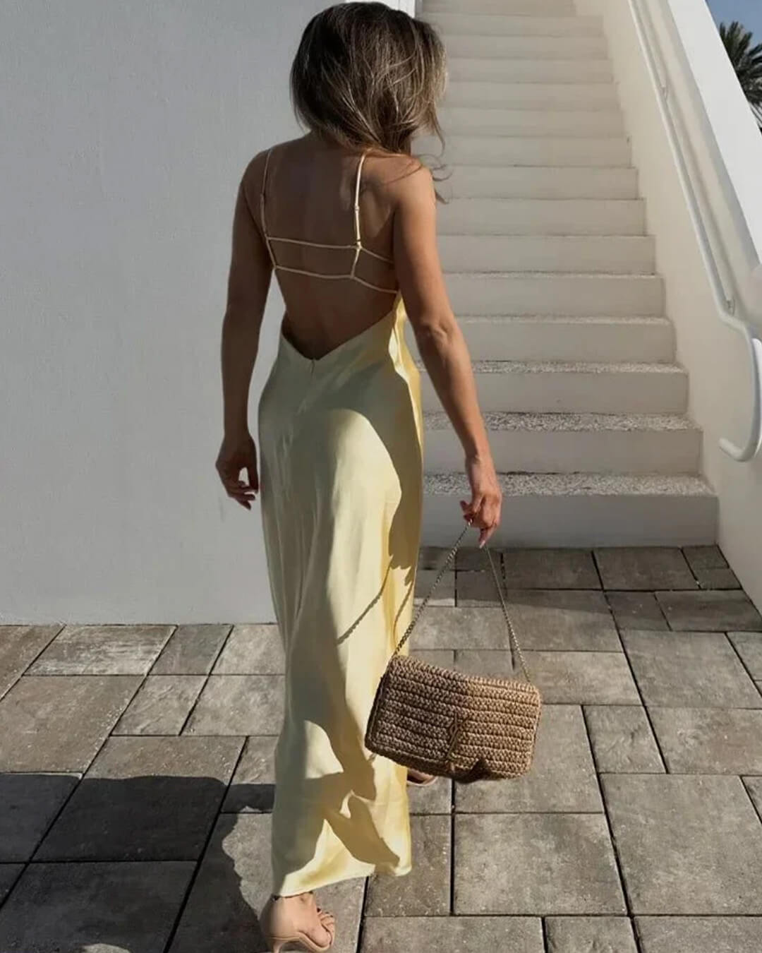 OLANE Elegant Satin Backless Maxi Dress YellowXSWomen's Dresses