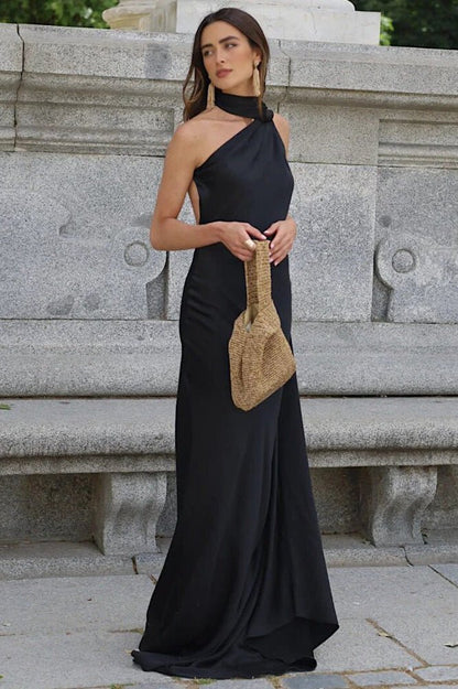 OLANE Elegant Satin Halter Cape Dress BlackSWomen's Dresses