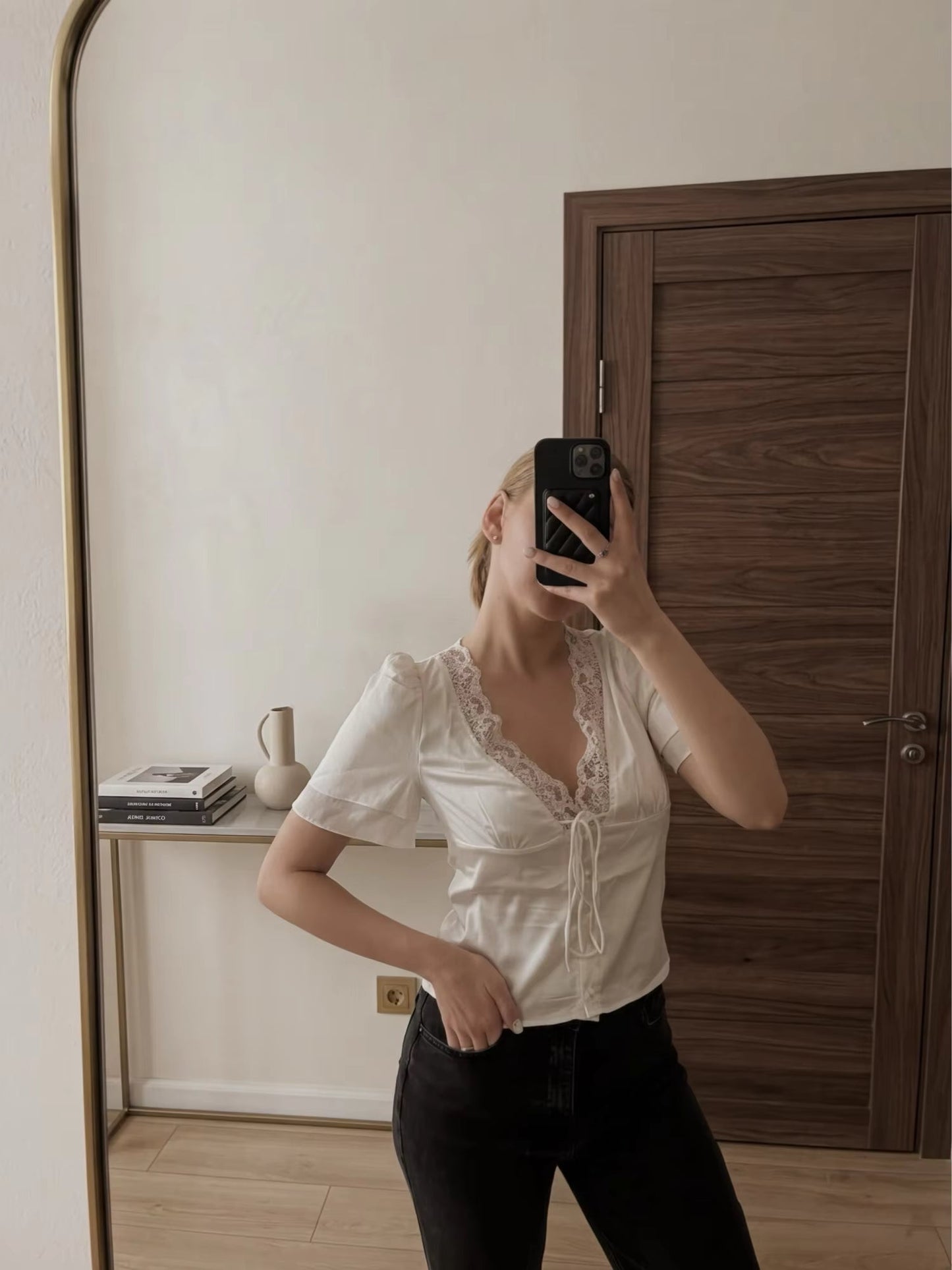 OLANE Elegant Satin Lace Trim Blouse BeigeLWomen's Tops