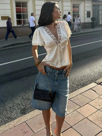 OLANE Elegant Satin Lace Trim Blouse BeigeMWomen's Tops