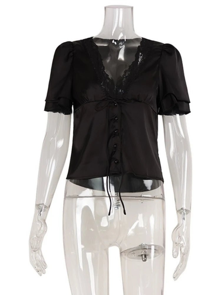 OLANE Elegant Satin Lace Trim Blouse BlackSWomen's Tops