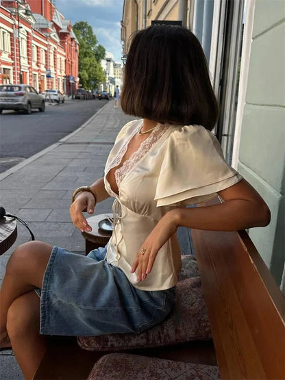 OLANE Elegant Satin Lace Trim Blouse Rusty BrownSWomen's Tops