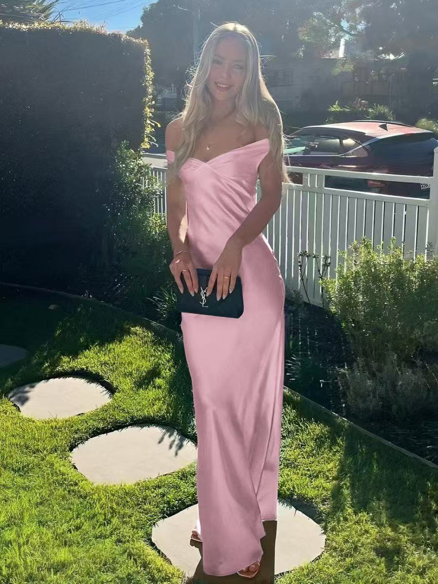 OLANE Elegant Satin Off Shoulder Maxi Dress PinkXSWomen’s Dresses