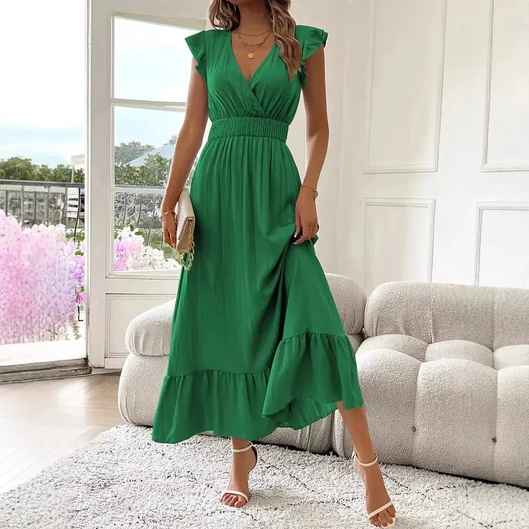 OLANE Elegant V - Neck Ruffle Swing Dress GreenSWomen's Dresses