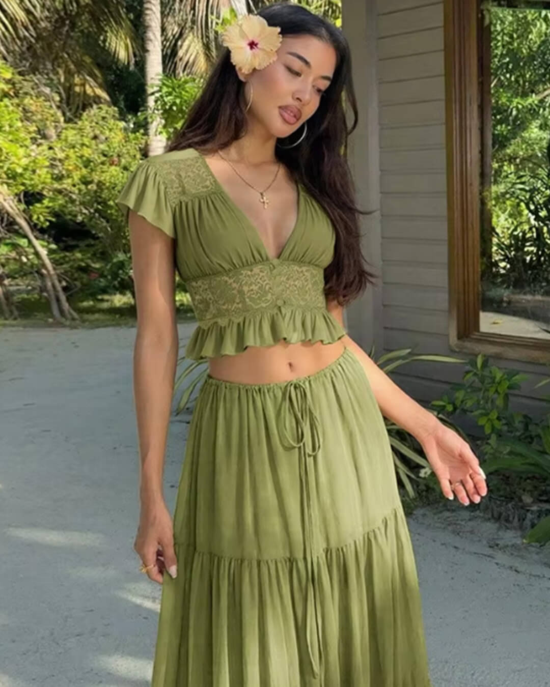 Ella – Spitzen-Crop-Top Chiffon Zweiteiler