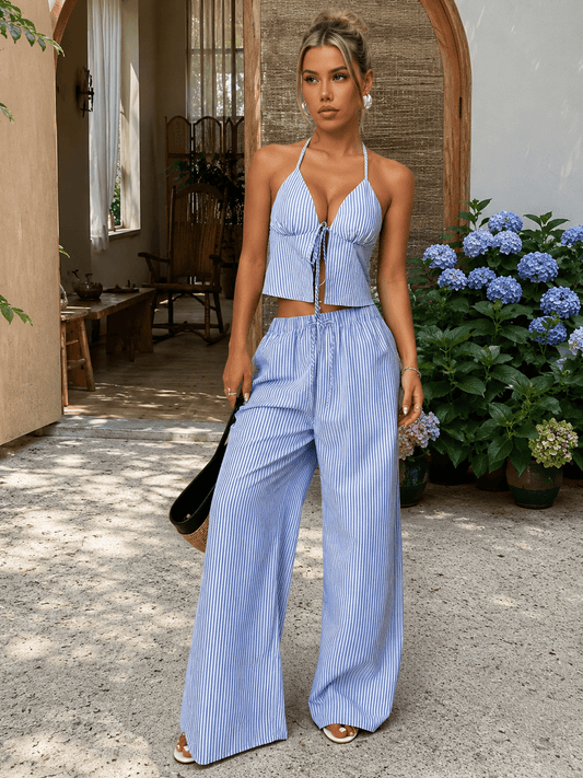 OLANE Emilia Striped Halter Top Set BlueXSWomen's Sets