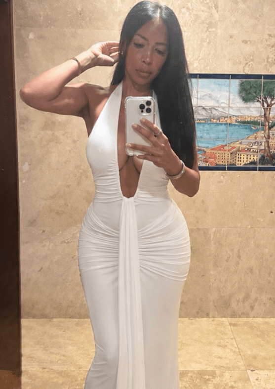 OLANE Evelyn Halter Deep V-Neck Ruched Maxi Dress WhiteMWomen’s Dresses