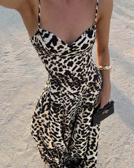 Fiona – Leopardenmuster Spaghettiträger Maxi-Kleid