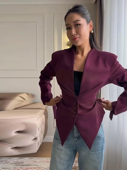OLANE Fiona Structured Shoulder Cinched Blazer BurgundySWomen's Coats & Jackets