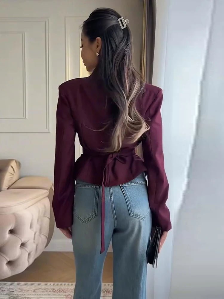 OLANE Fiona Structured Shoulder Cinched Blazer BurgundySWomen's Coats & Jackets