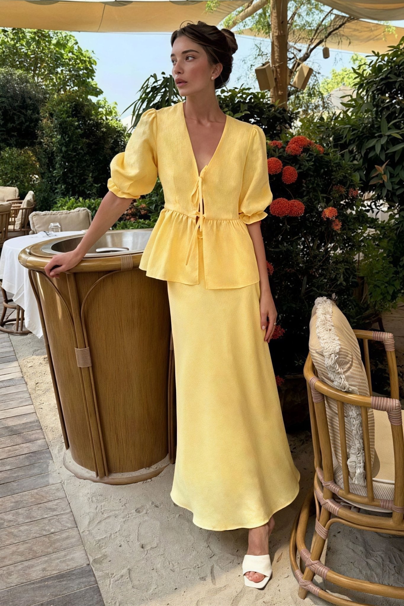 OLANE Flattering Tie - Front Ruffle Skirt Set YellowMWomen's Sets