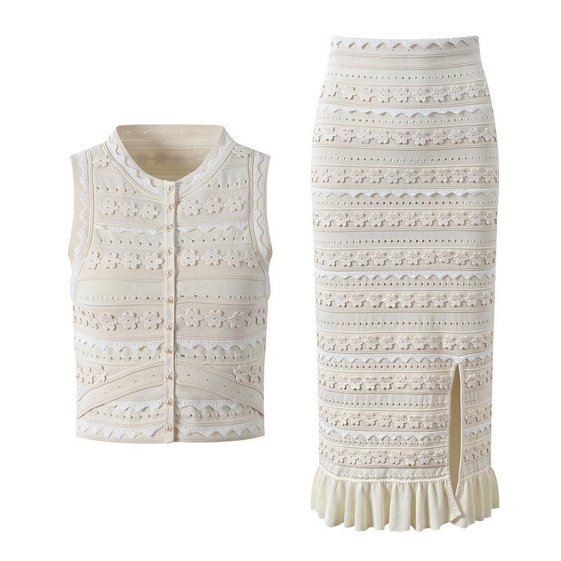 OLANE Floral Knit Vest & Ruffle Midi Skirt Set SetXSWomen's Sets