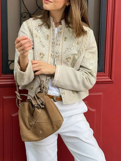 OLANE Floral Mandarin Collar Cropped Jacket BeigeLWomen's Coats & Jackets