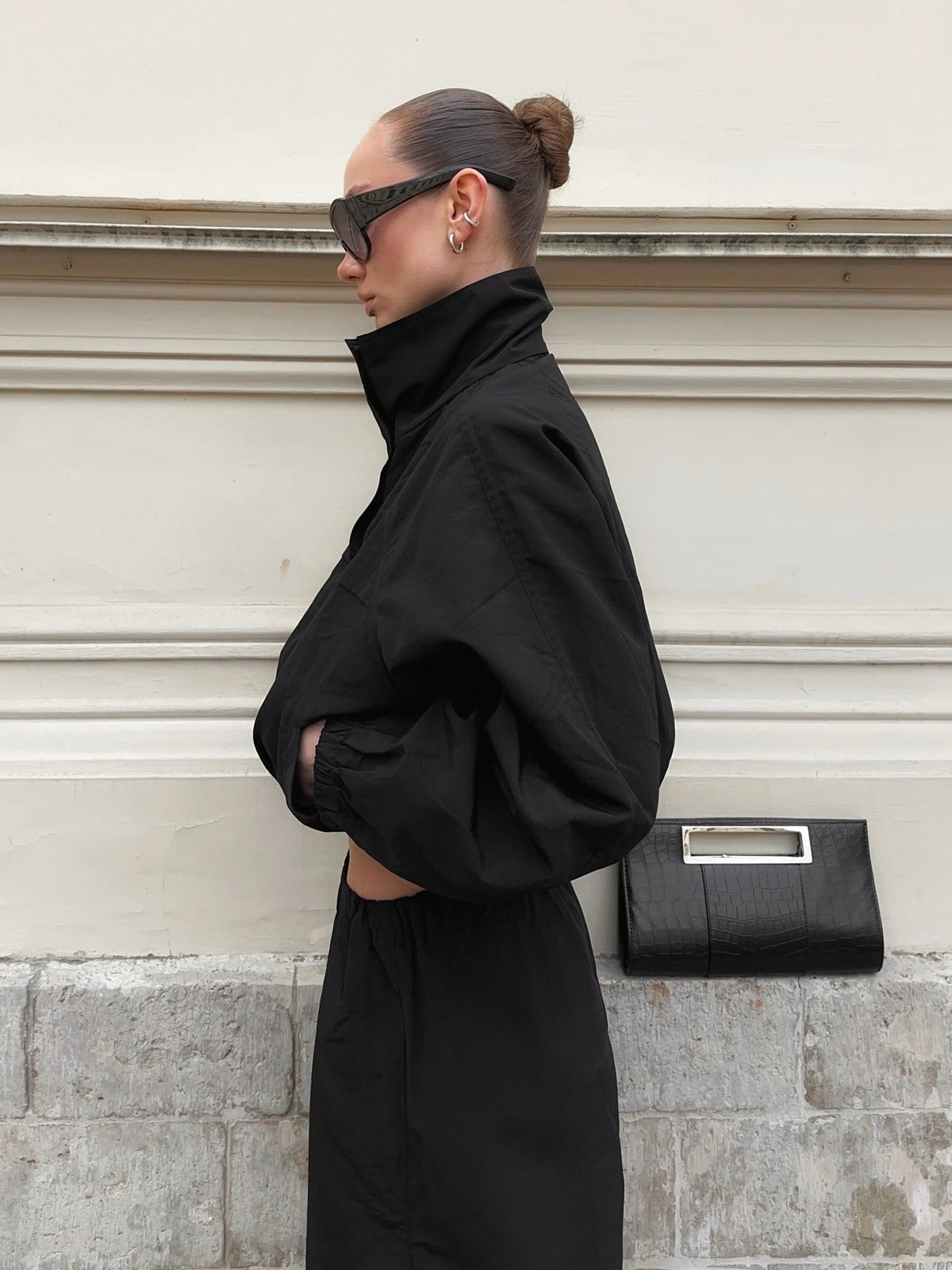 OLANE Funnel Neck Windbreaker Jacket BlackMWomen's Coats & Jackets