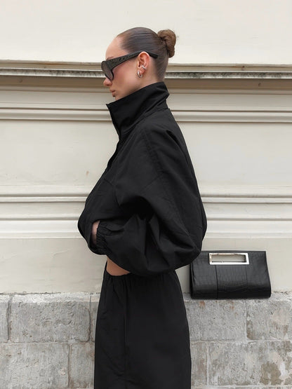 OLANE Funnel Neck Windbreaker Jacket BlackMWomen's Coats & Jackets