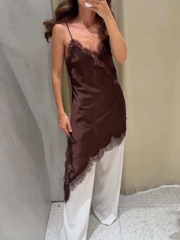 OLANE Gianna Asymmetric Satin Mini Dress BrownMWomen's Dresses