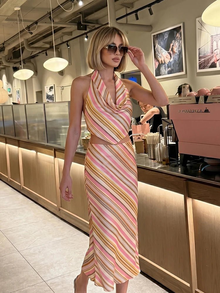 OLANE Halter Neck Bohemian Striped Satin Set Set (Top+Skirt)XSWomen's Sets