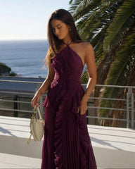 Neckholder Plissee Rüschen Maxikleid