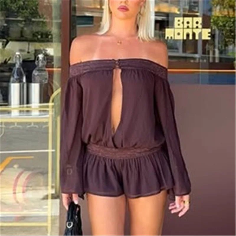OLANE Hanna Off-Shoulder Bell Sleeve Chiffon Romper BrownSWomen's Jumpsuits & Rompers