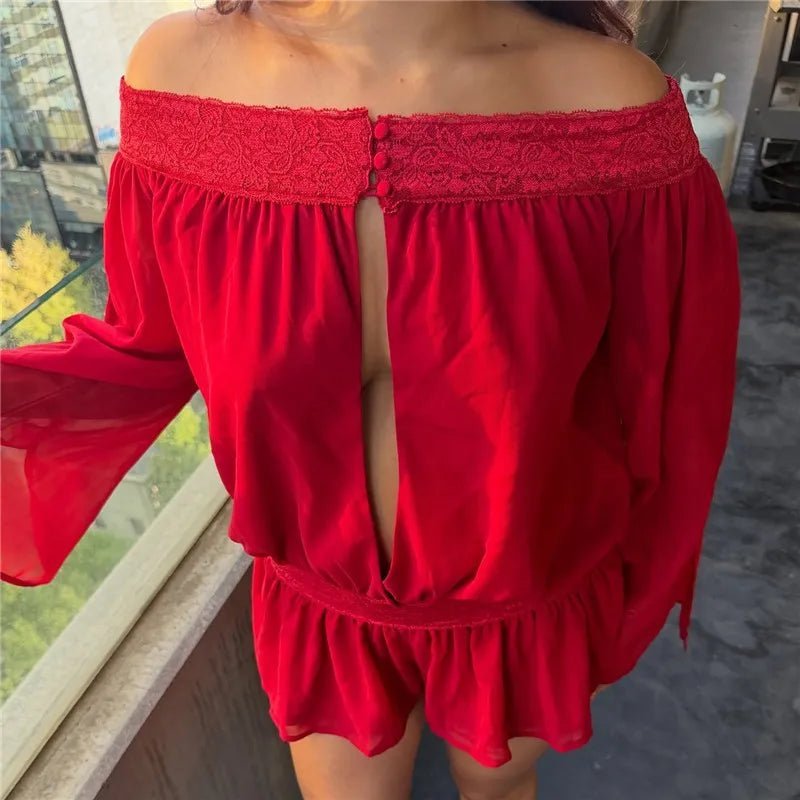 OLANE Hanna Off-Shoulder Bell Sleeve Chiffon Romper RedSWomen's Jumpsuits & Rompers
