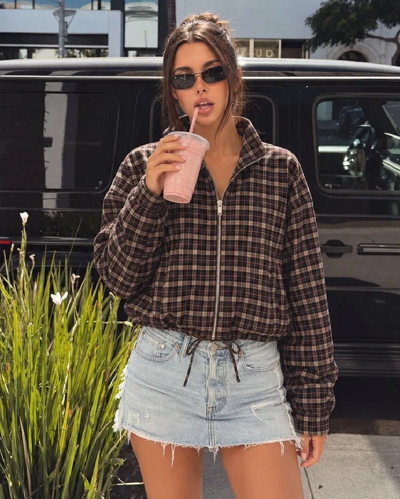 Karierte Jacke mit hohem Kragen und Reißverschluss