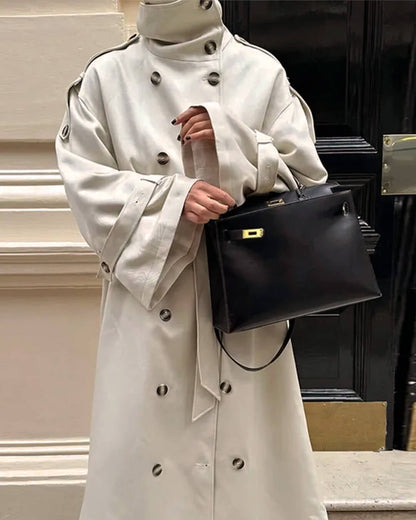 OLANE High-Neck Belted Long Trench Coat CreamMWomen's Coats & Jackets