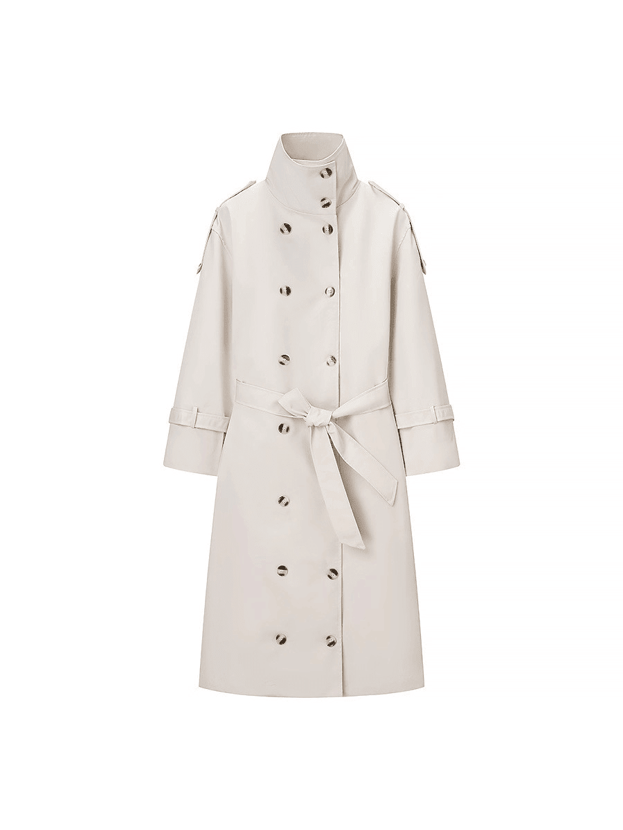 Langer Trenchcoat mit hohem Kragen und Gürtel