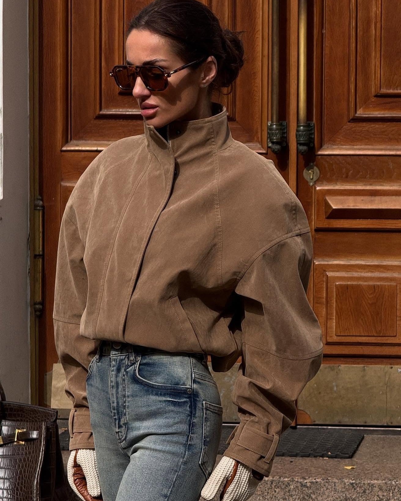 Jacke aus Wildlederimitat mit Stehkragen und Reißverschluss
