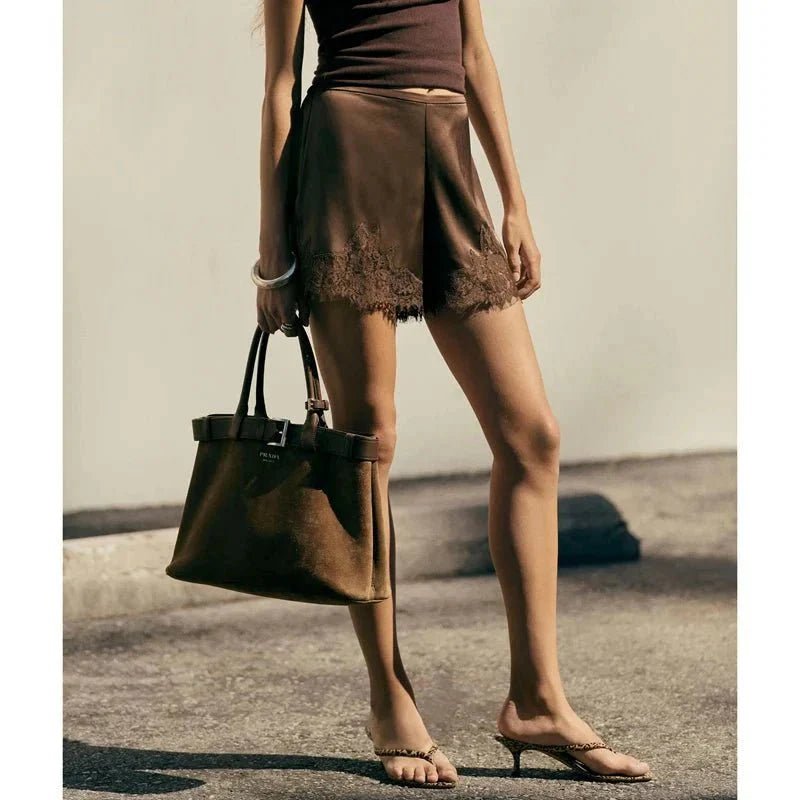 OLANE High-Rise Cut Satin Shorts BrownSWomen's Bottoms