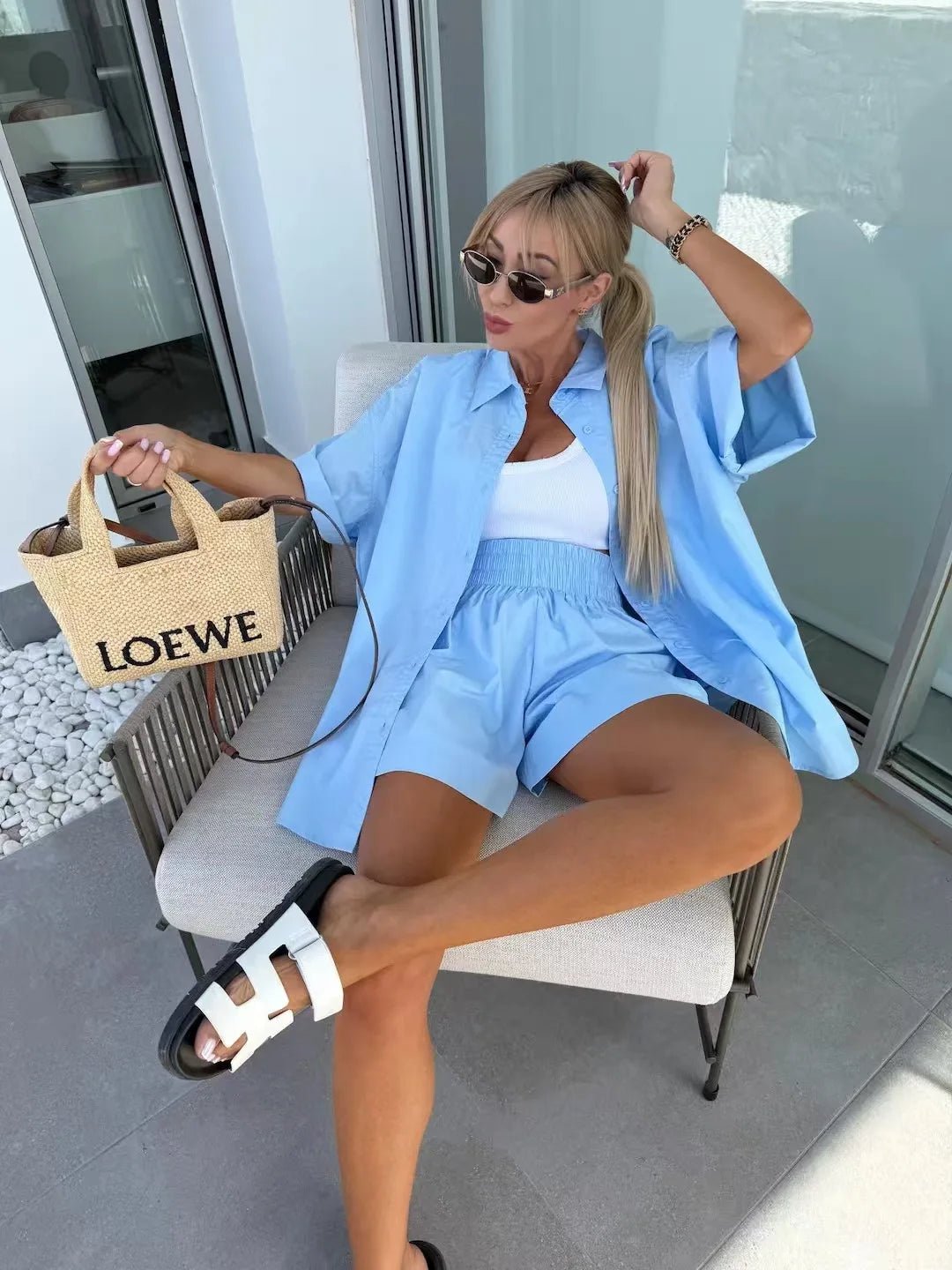 OLANE Janine Lapel Half - Sleeve Top & Shorts Set BlueSMatching Sets