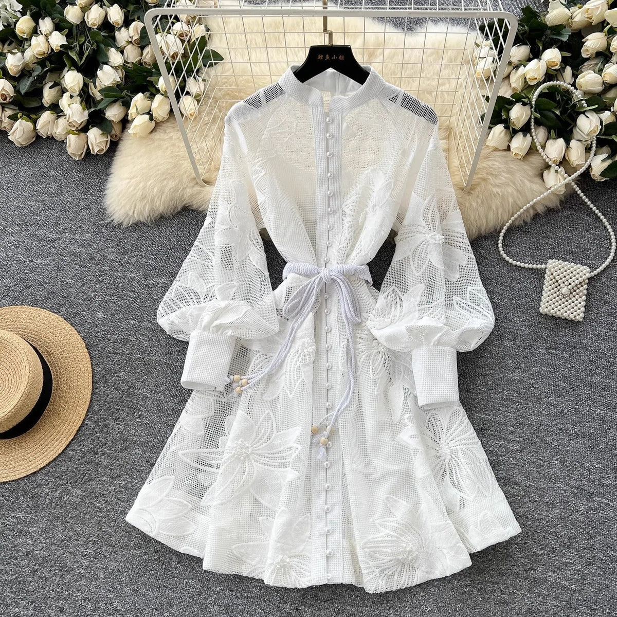 OLANE Jessica Embroidered Lace Belted Dress BlueSWomen's Dresses