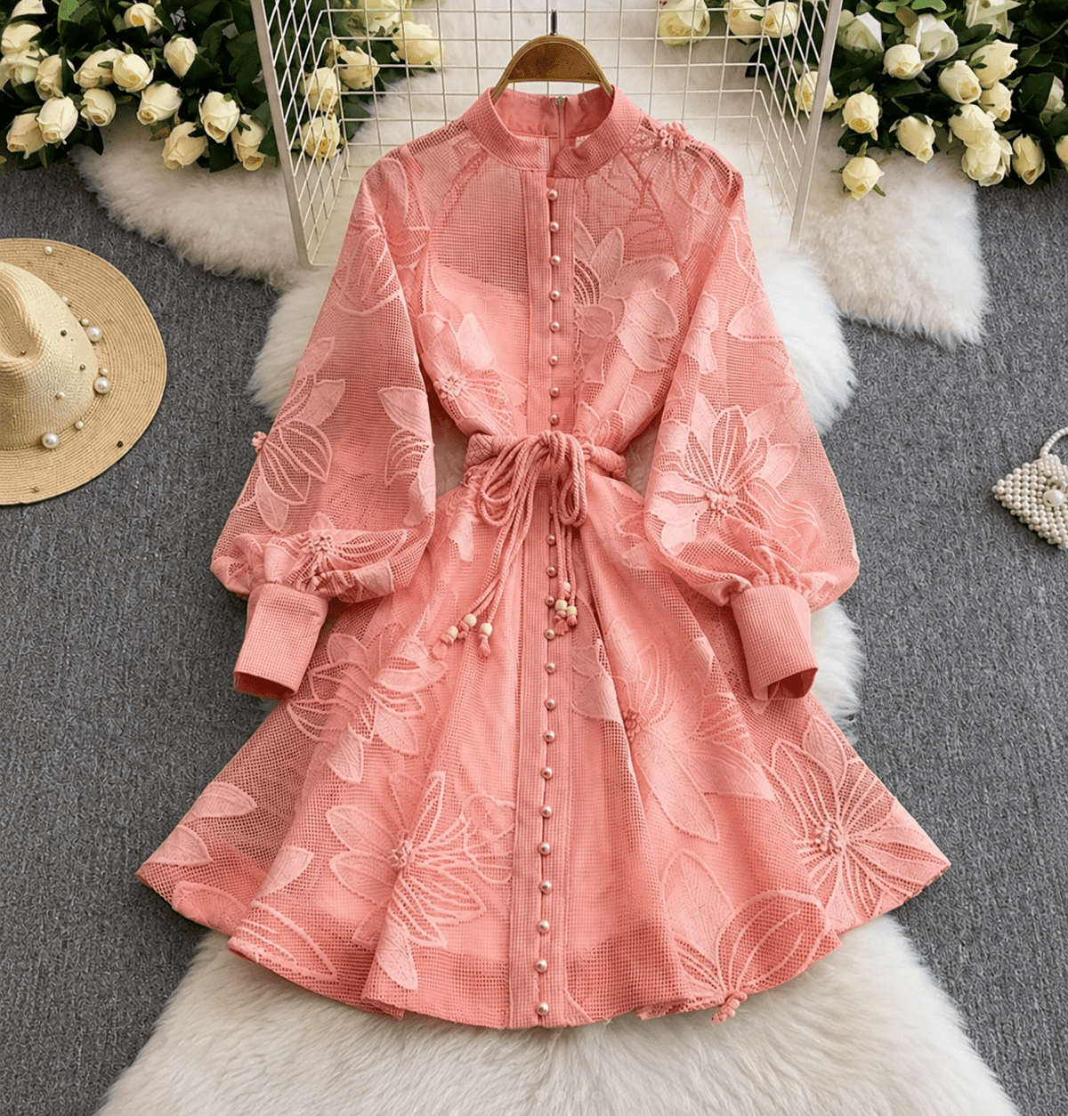 OLANE Jessica Embroidered Lace Belted Dress PinkSWomen's Dresses