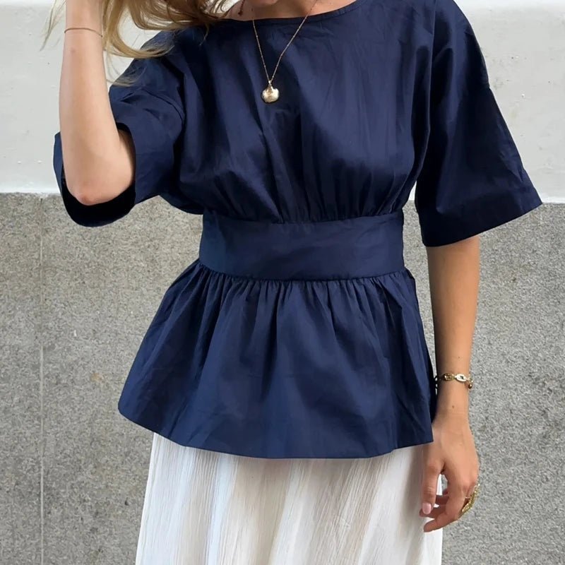 OLANE Joanna Ruffled Peplum Backless Blouse NavySWomen’s Tops