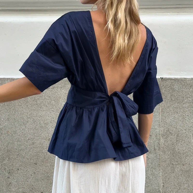 OLANE Joanna Ruffled Peplum Backless Blouse NavySWomen’s Tops