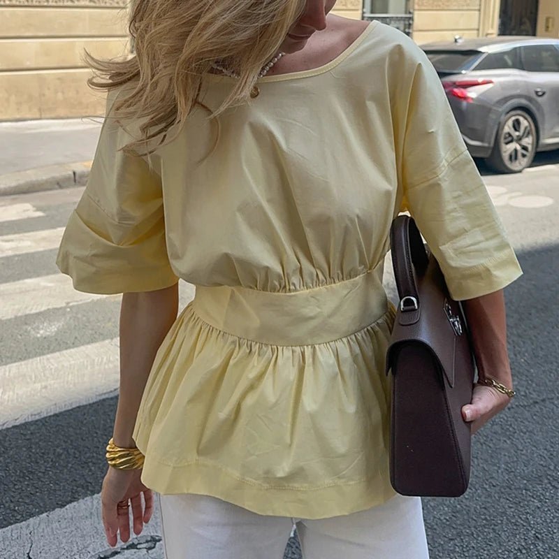 OLANE Joanna Ruffled Peplum Backless Blouse YellowSWomen’s Tops