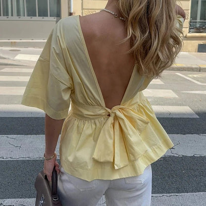 OLANE Joanna Ruffled Peplum Backless Blouse YellowSWomen’s Tops