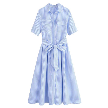 OLANE Kirra Belted Shirt Midi Dress Blue StripesXSDress