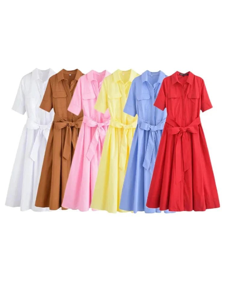 OLANE Kirra Belted Shirt Midi Dress BrownXSDress