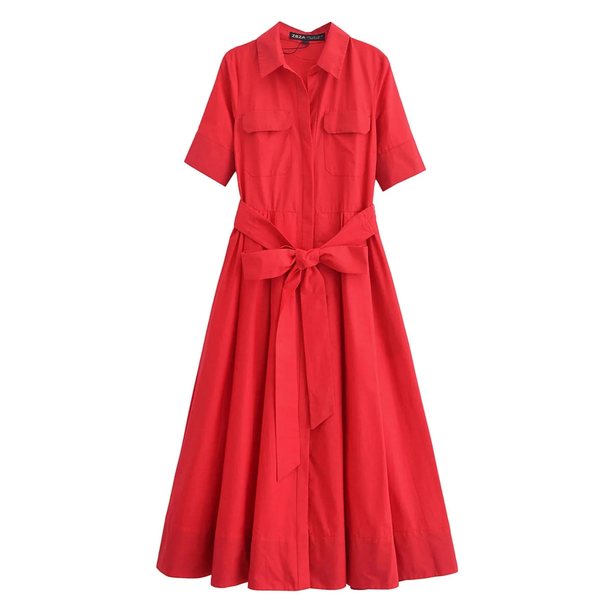 OLANE Kirra Belted Shirt Midi Dress RedXSDress