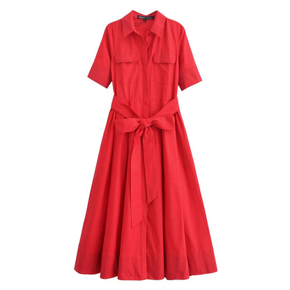 OLANE Kirra Belted Shirt Midi Dress RedXSDress
