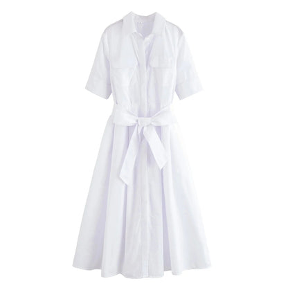 OLANE Kirra Belted Shirt Midi Dress WhiteXSDress
