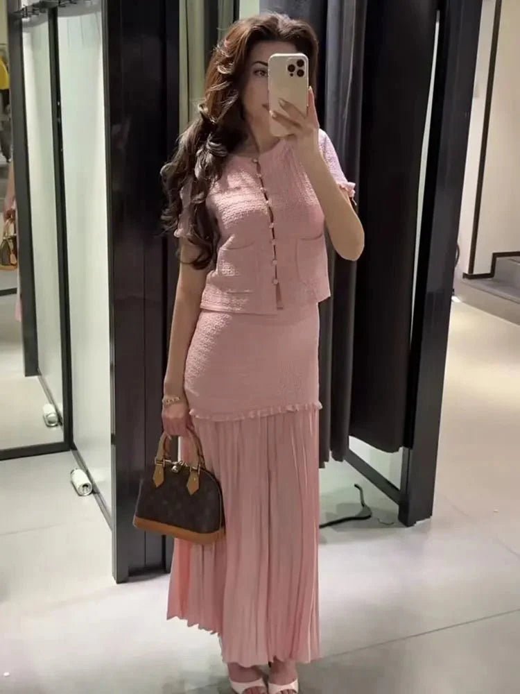 OLANE Knitted Tank Pleated Skirt Set Pink SetMWomen's Sets