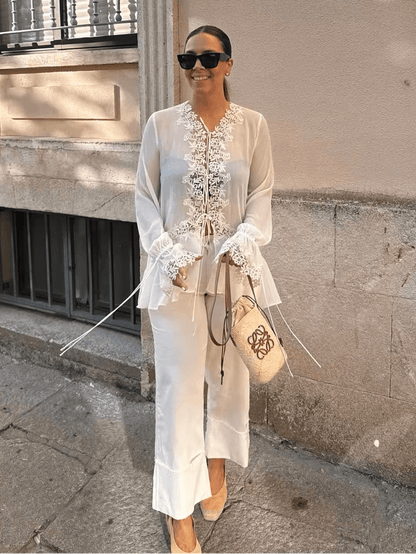 OLANE Lace Flare-Sleeve Hollow-Out Cardigan WhiteMWomen's Sweaters & Cardigans
