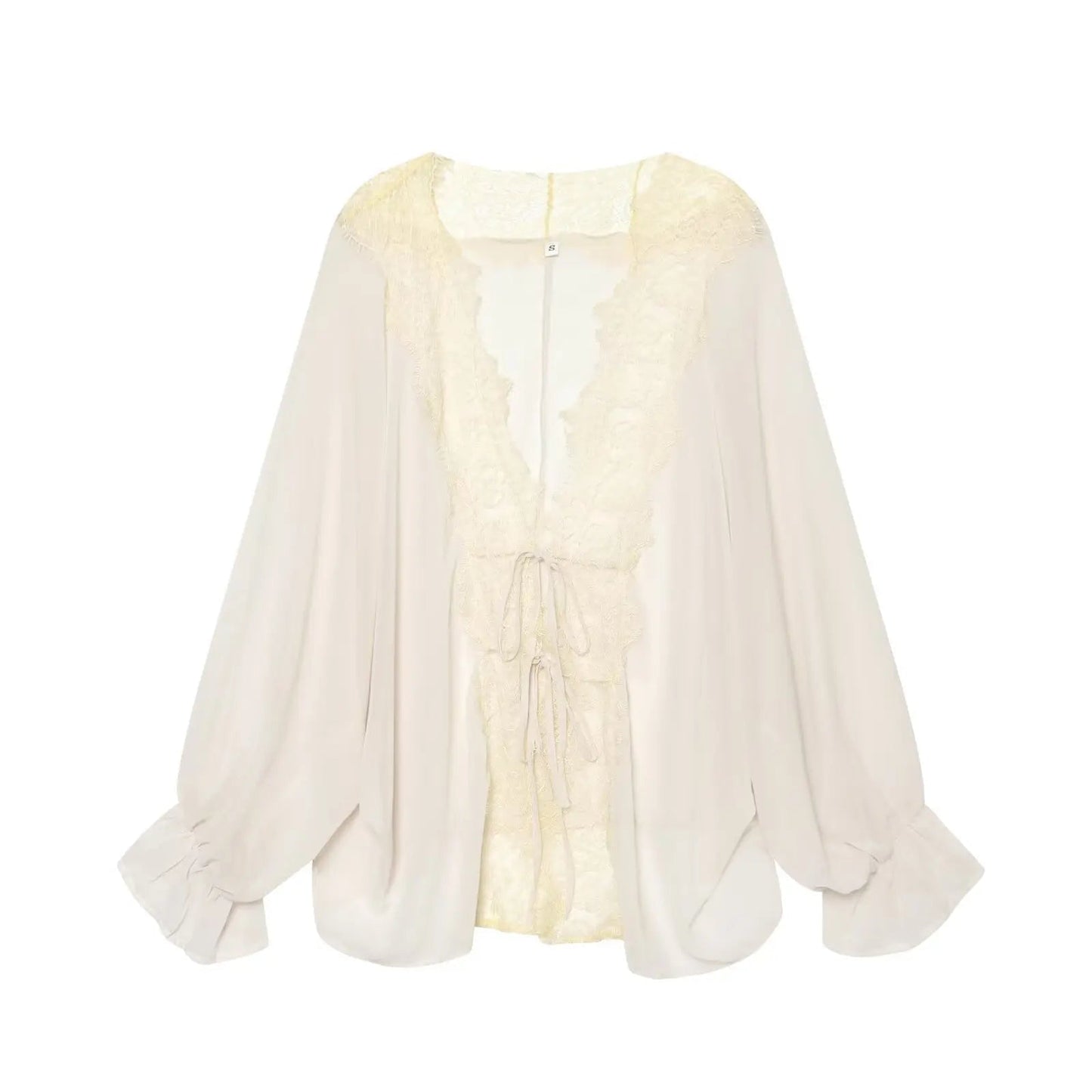 OLANE Lace Patchwork Tie-Front Blouse WhiteXSWomen’s Tops