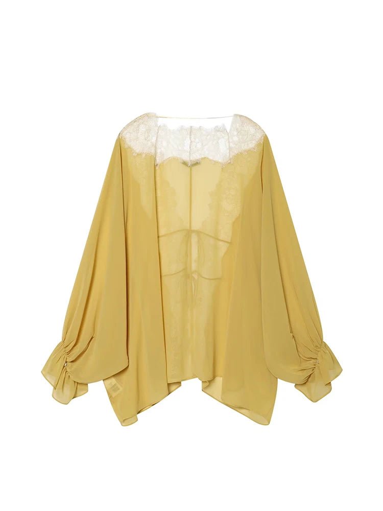 OLANE Lace Patchwork Tie-Front Blouse YellowXSWomen’s Tops